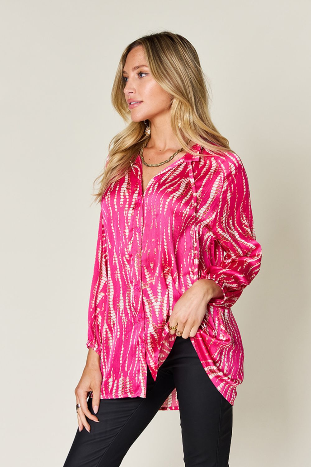 Double Take Full Size Printed Button Up Long Sleeve Shirt - EkaVibe