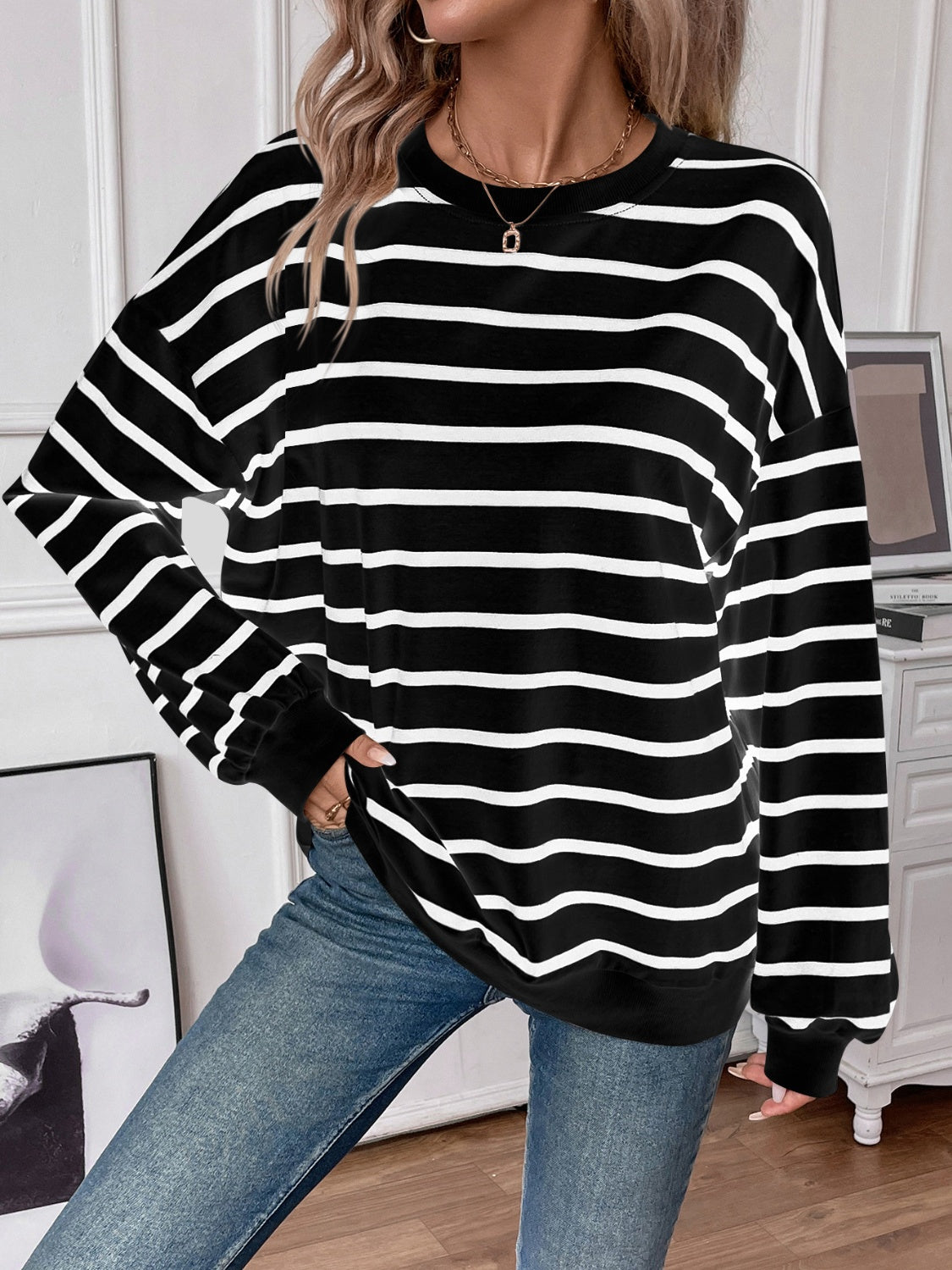 Lovelet Striped Round Neck Long Sleeve Sweatshirt - EkaVibe