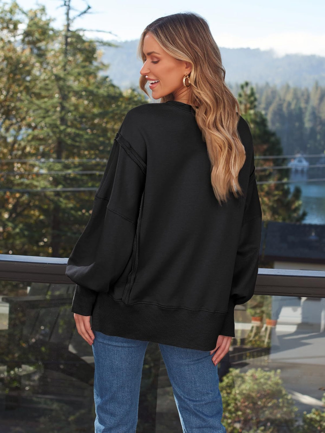 Slit Round Neck Long Sleeve Sweatshirt - EkaVibe