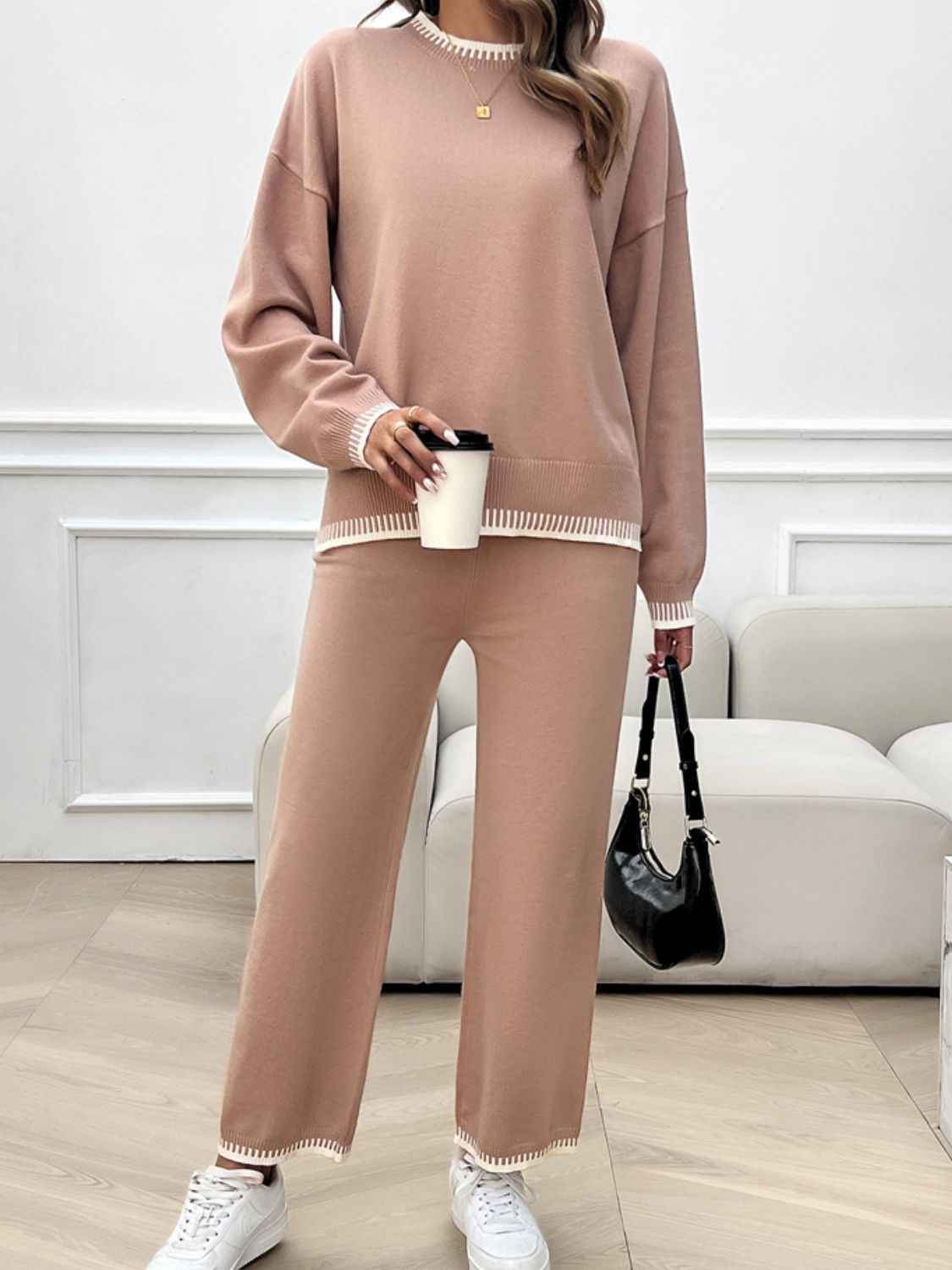 Devine Round Neck Dropped Shoulder Top and Pants Sweater Set - EkaVibe