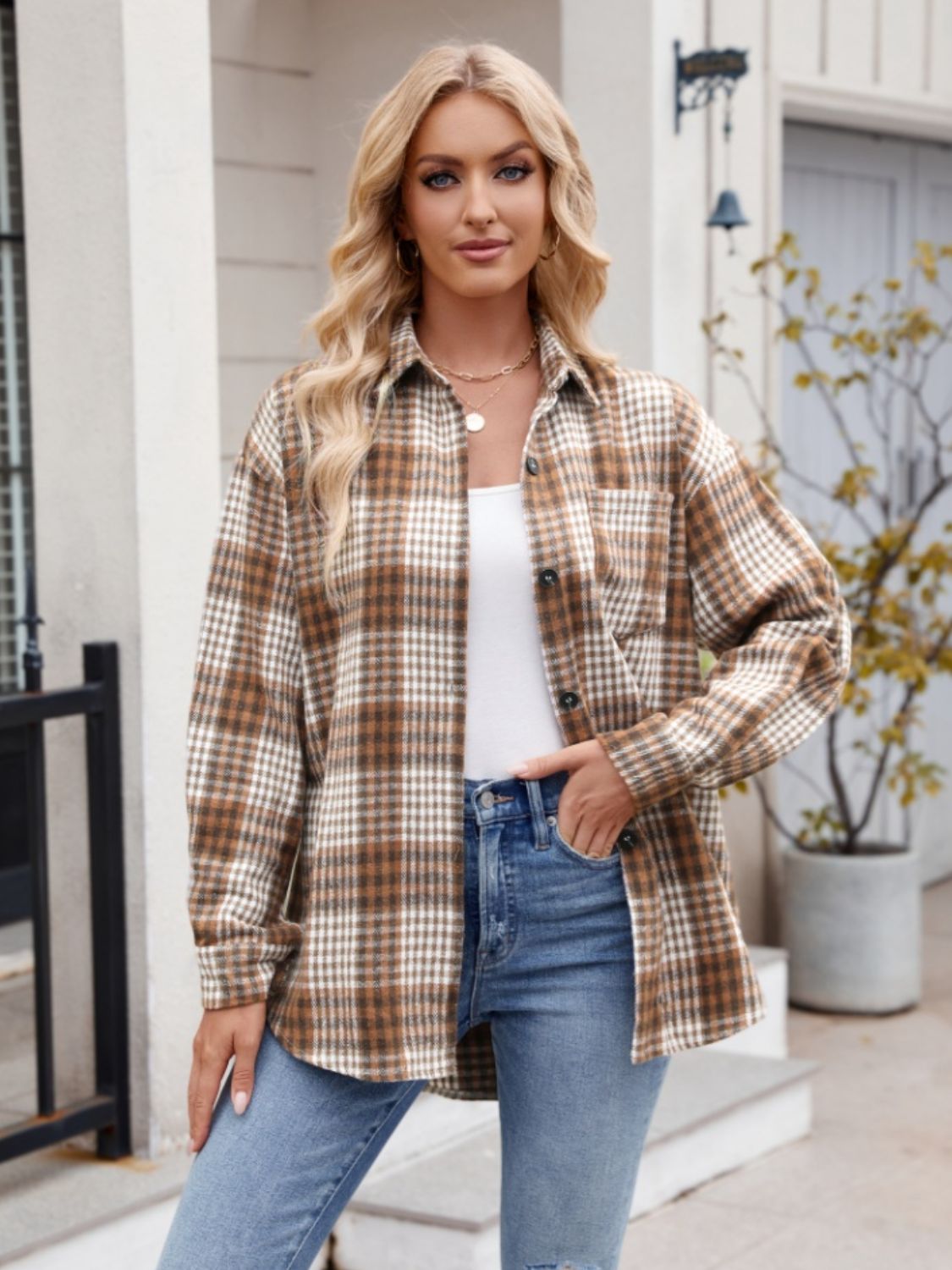 Mandy Pocketed Plaid Collared Neck Long Sleeve Shirt - EkaVibe