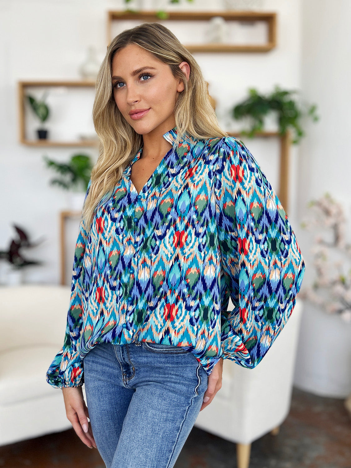 Double Take Full Size Printed Balloon Sleeve Blouse - EkaVibe