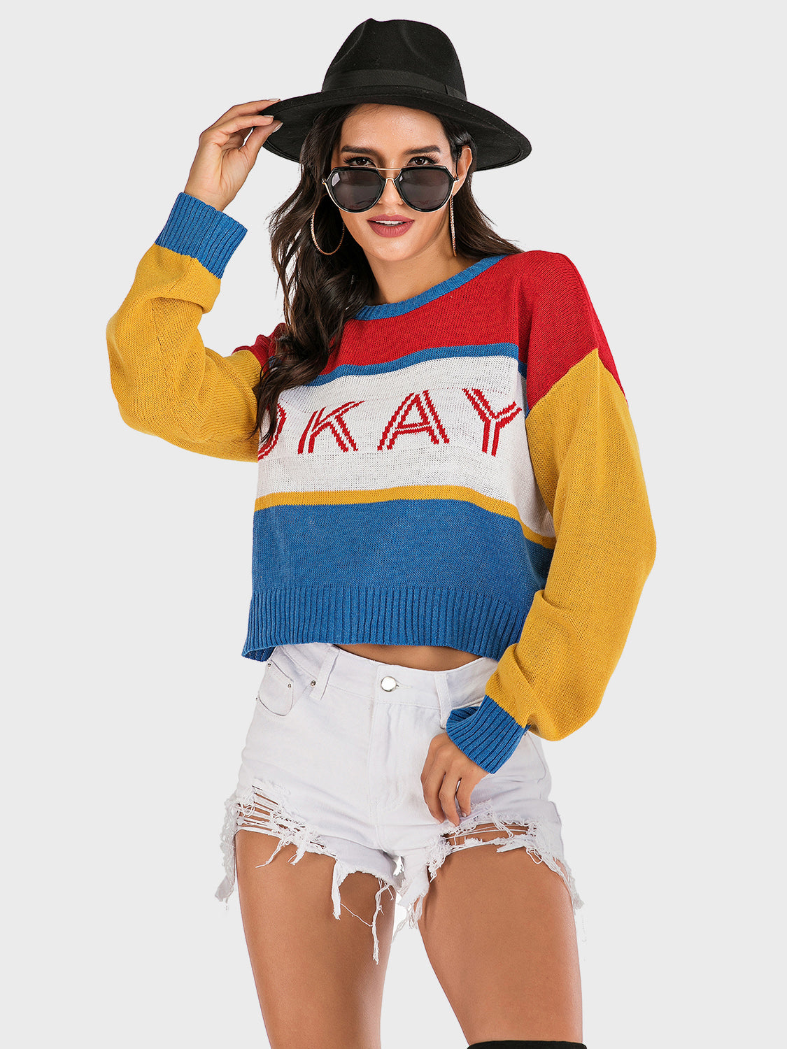 Perfee OKAY Contrast Dropped Shoulder Long Sleeve Sweater - EkaVibe