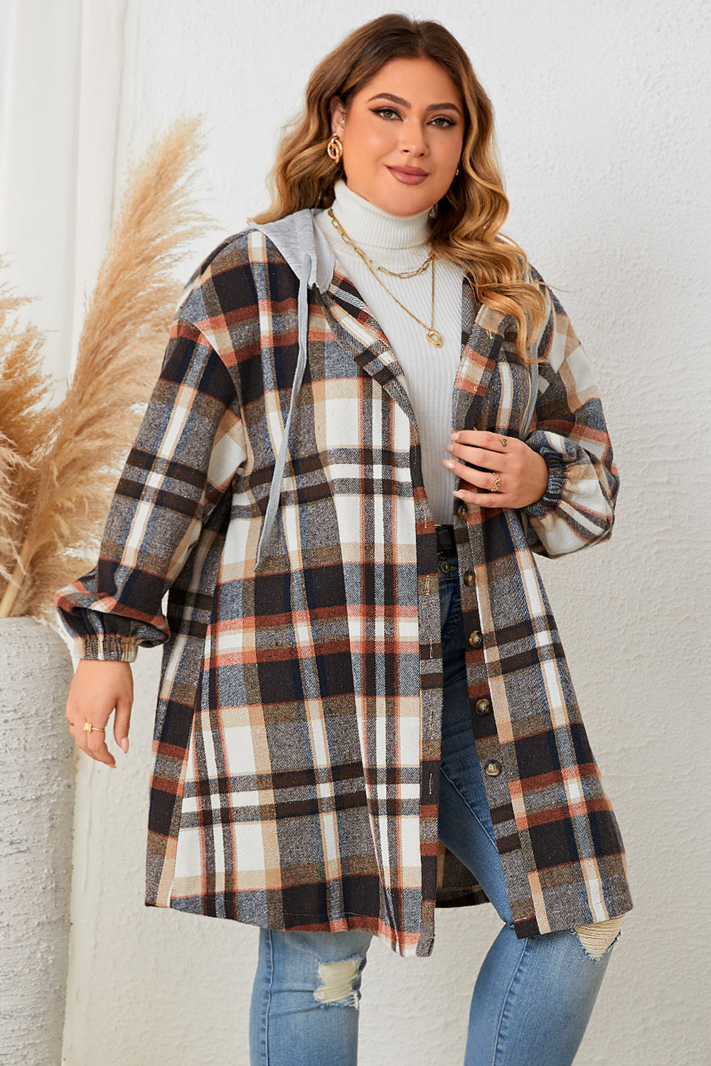 Honey Plus Size Plaid Drop Shoulder Hooded Coat - EkaVibe