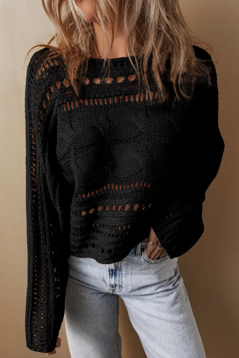 Cable-Knit Openwork Long Sleeve Sweater - EkaVibe