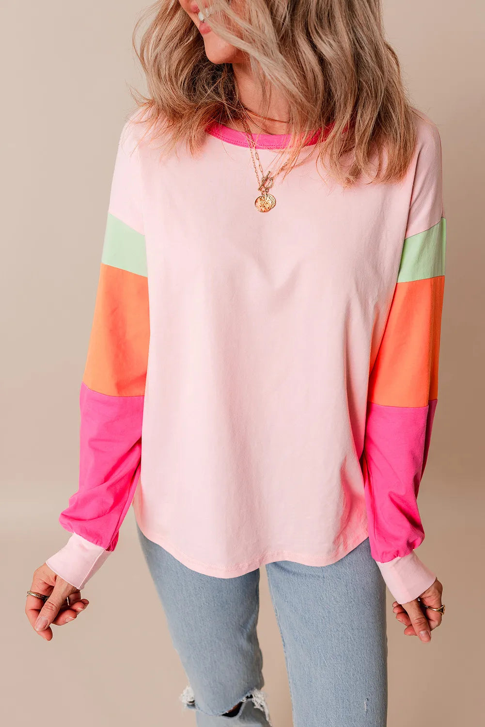 Color Block Round Neck Long Sleeve Top - EkaVibe