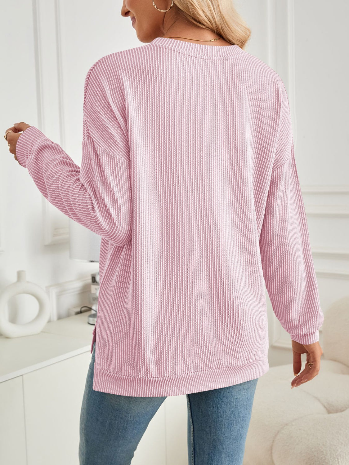 Lovelet Slit Round Neck Long Sleeve Sweatshirt - EkaVibe