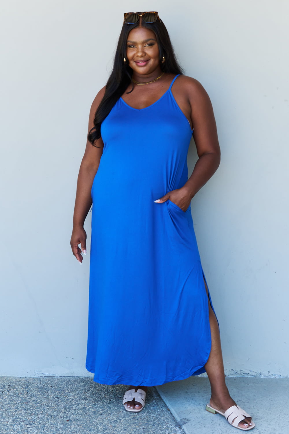 Ninexis Good Energy Full Size Cami Side Slit Maxi Dress in Royal Blue - EkaVibe