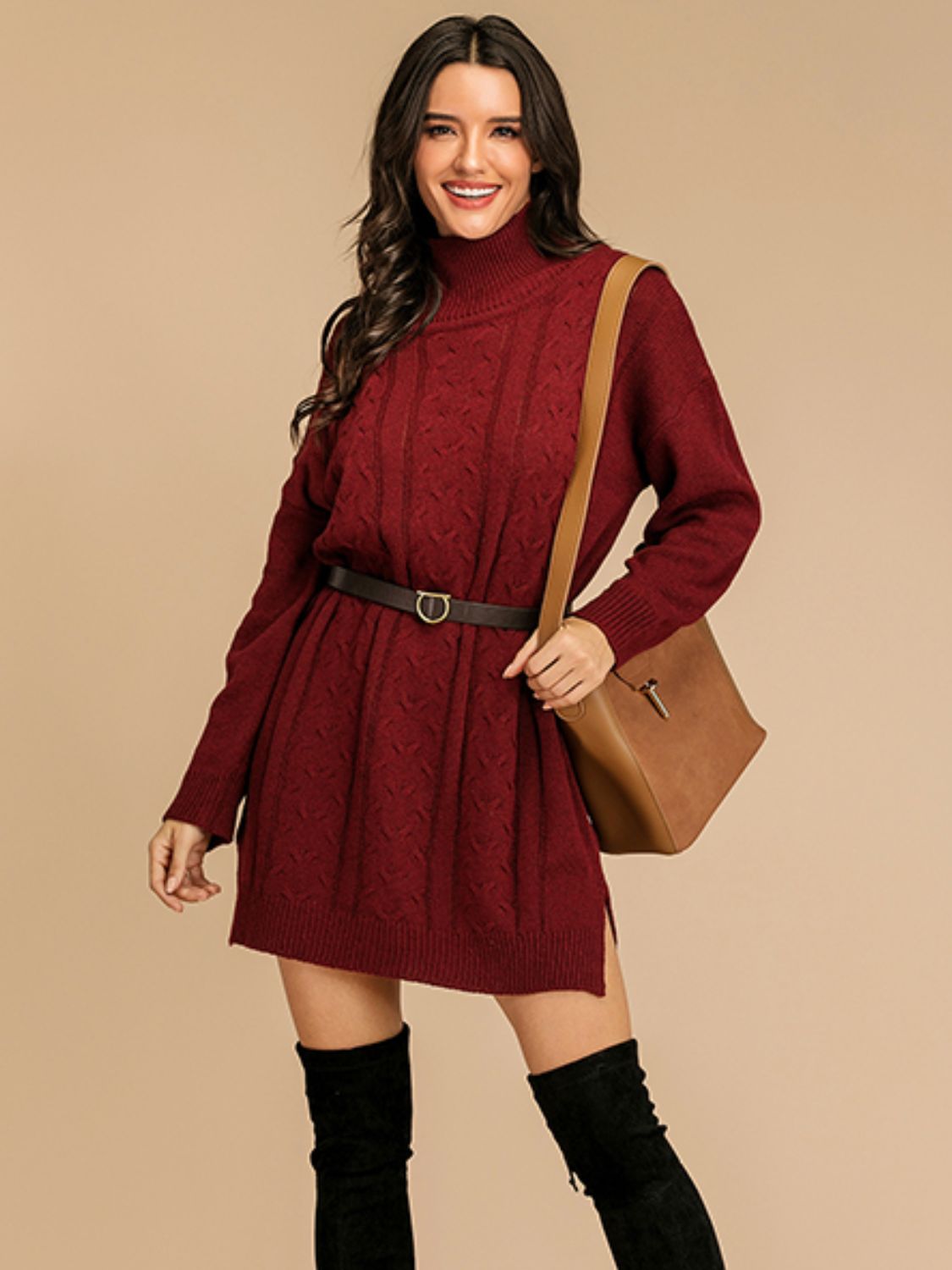 Perfee Slit Turtleneck Long Sleeve Mini Sweater Dress - EkaVibe