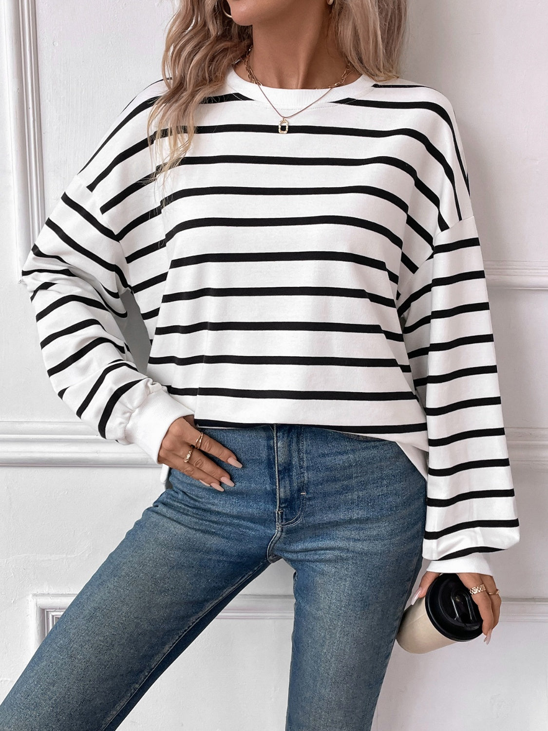 Lovelet Striped Round Neck Long Sleeve Sweatshirt - EkaVibe