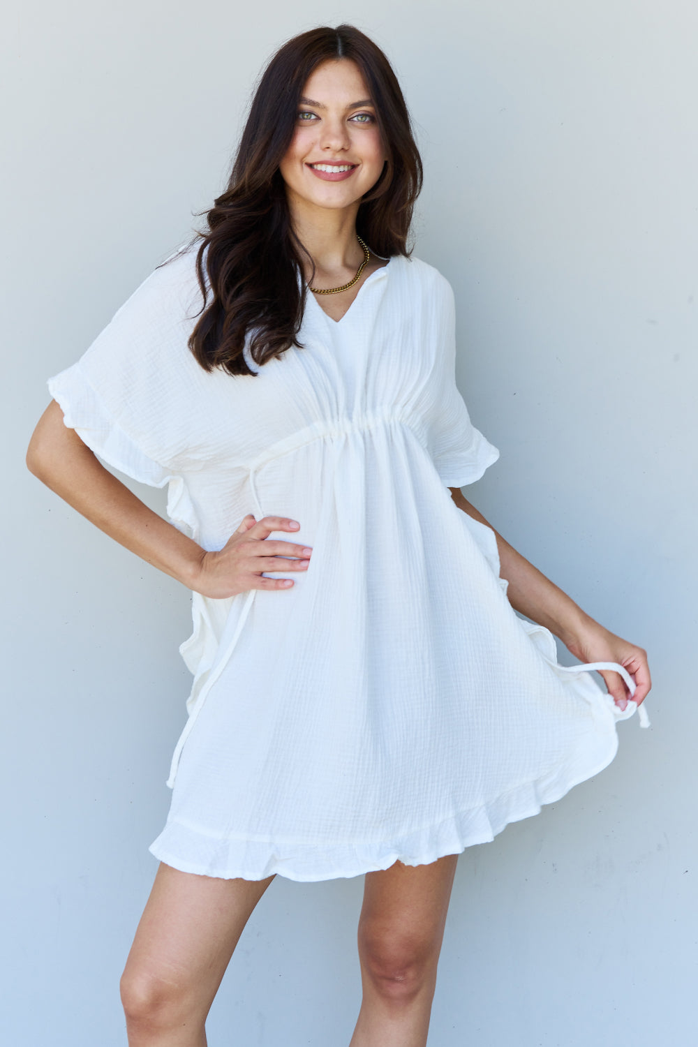 Ninexis Out Of Time Full Size Ruffle Hem Dress with Drawstring Waistband in White - EkaVibe