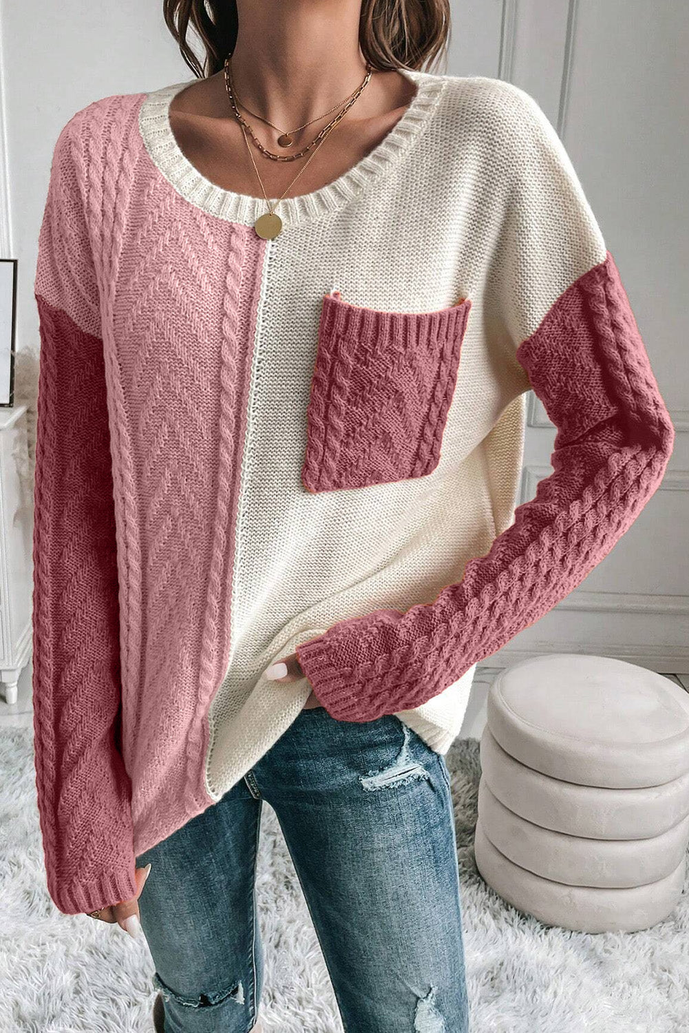 Color Block Round Neck Long Sleeve Sweater - EkaVibe