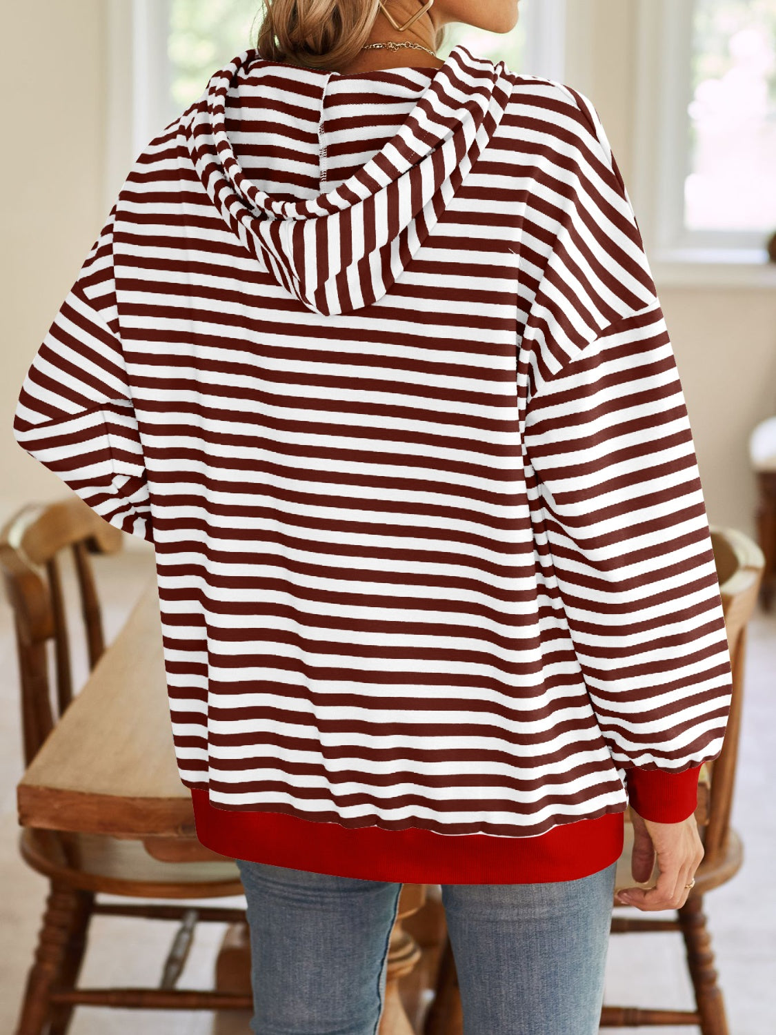 Lovelet Drawstring Striped Long Sleeve Hoodie - EkaVibe