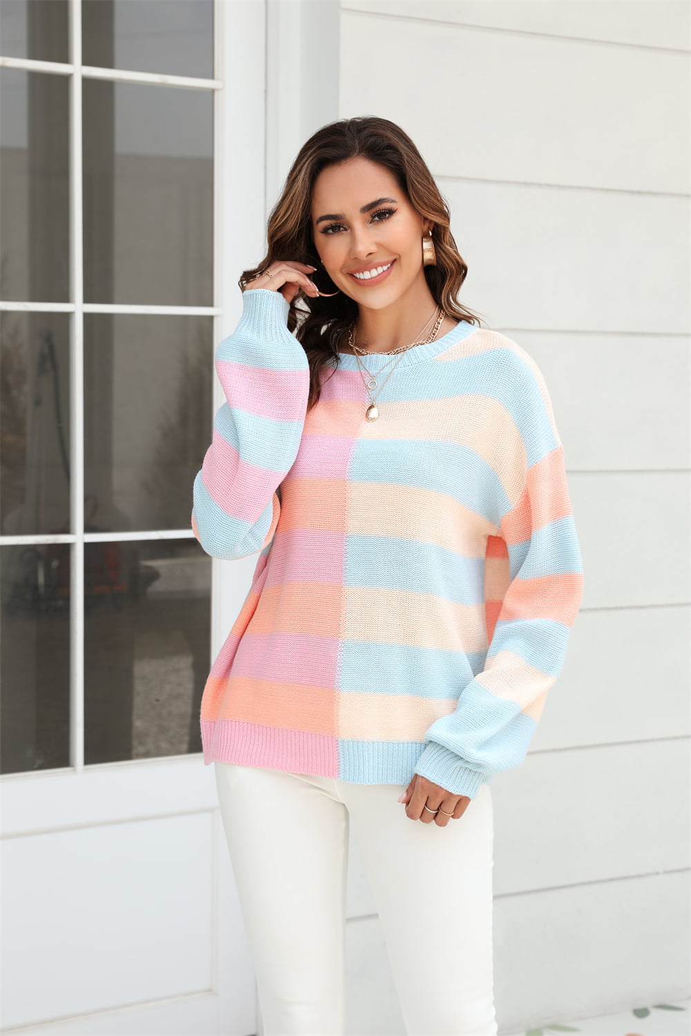 Angel Wings Round Neck Long Sleeve Color Block Dropped Shoulder Pullover Sweater - EkaVibe