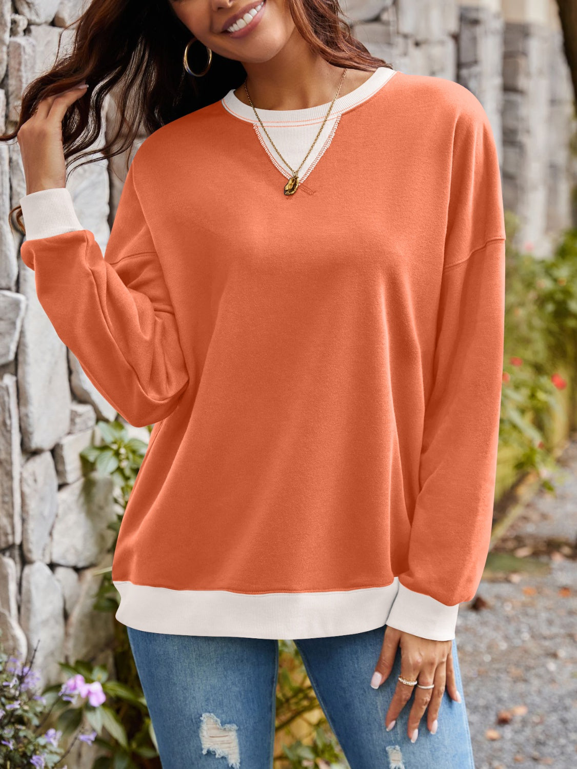 Lovelet Contrast Round Neck Long Sleeve Sweatshirt - EkaVibe