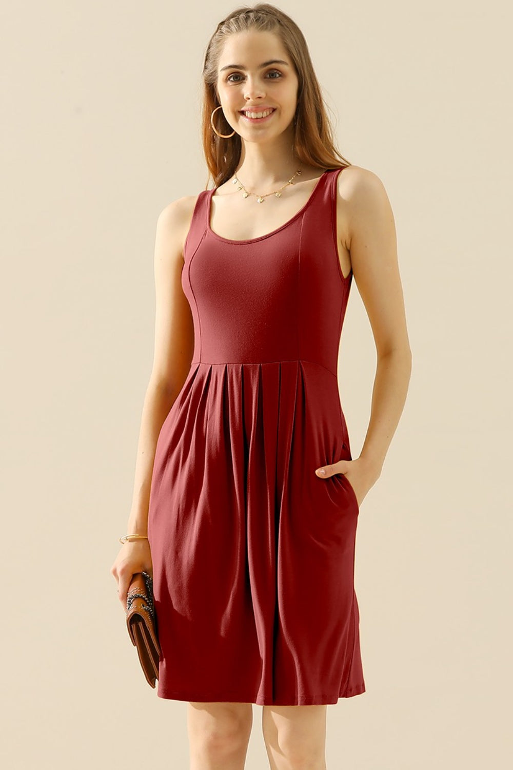 Doublju Full Size Round Neck Ruched Sleeveless Dress with Pockets - EkaVibe