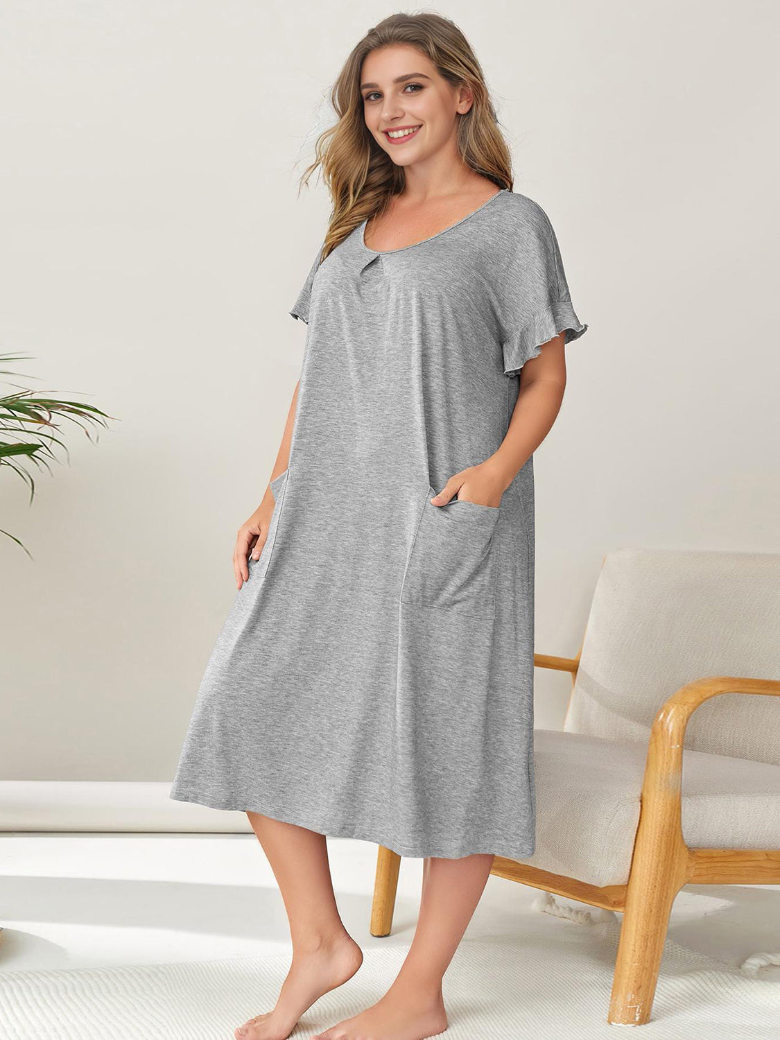 Plus Size Round Neck Short Sleeve Lounge Dress - EkaVibe