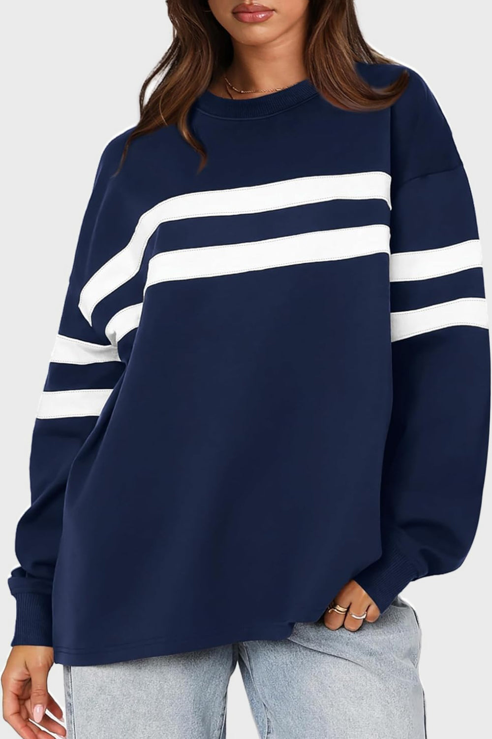 Lovelet Striped Round Neck Dropped Shoulder Sweatshirt - EkaVibe