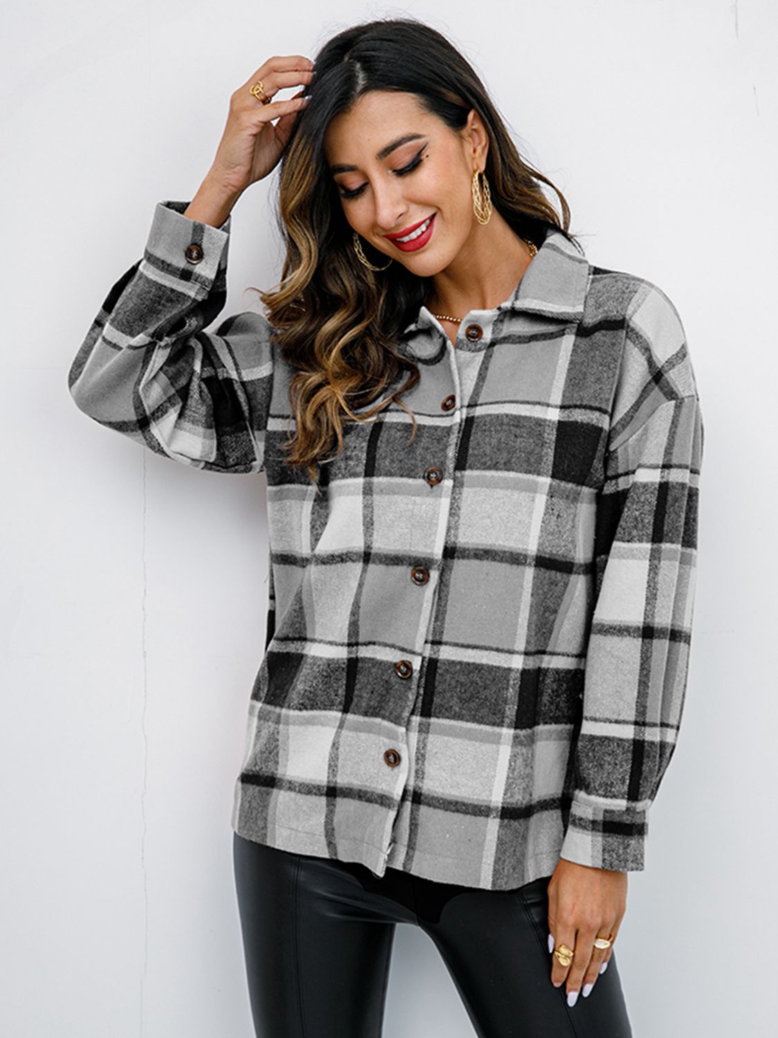 Shiny Plaid Button Up Collared Neck Jacket - EkaVibe