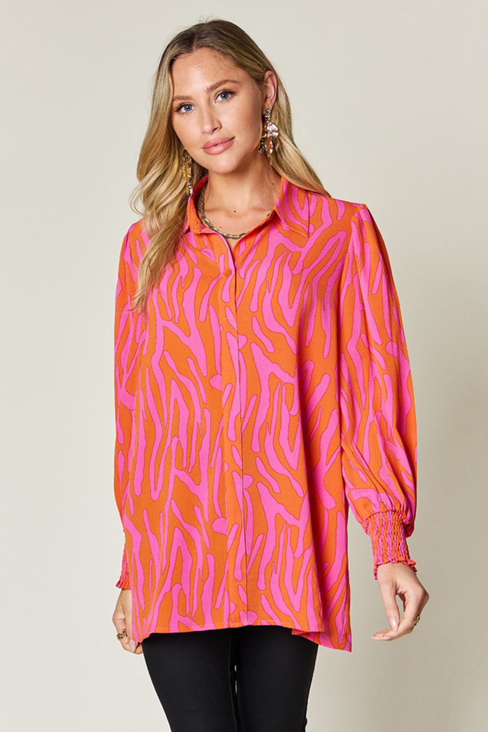 Double Take Full Size Printed Smocked Long Sleeve Blouse - EkaVibe