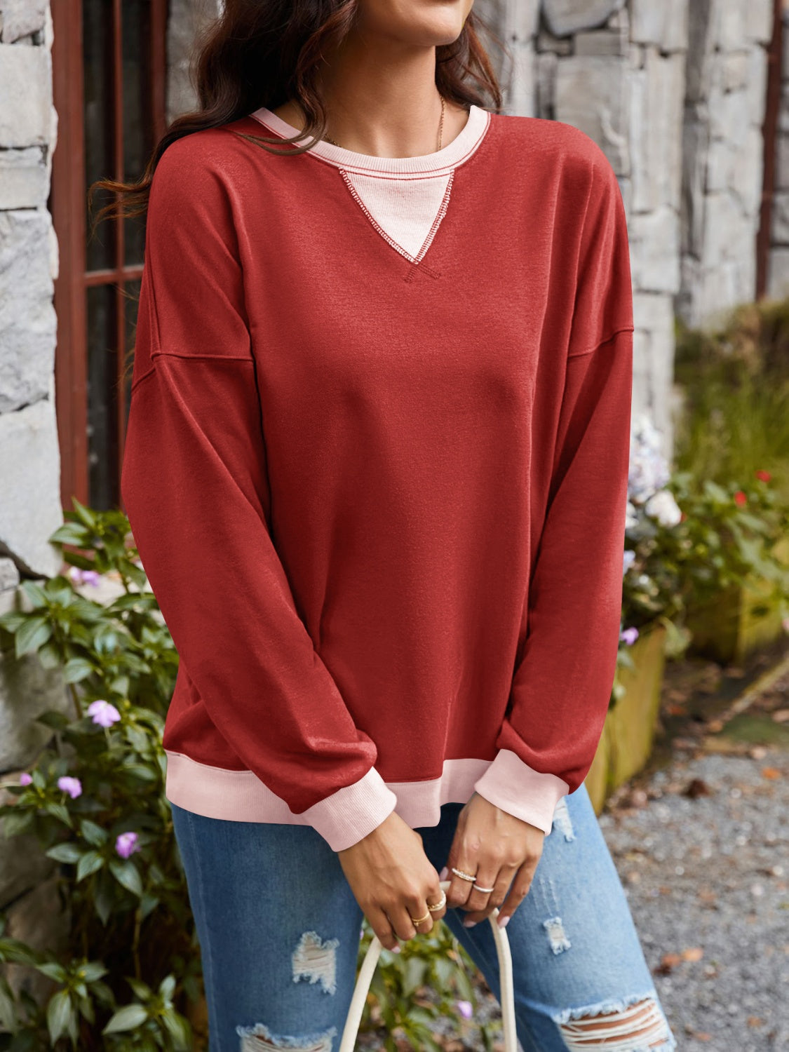 Lovelet Contrast Round Neck Long Sleeve Sweatshirt - EkaVibe