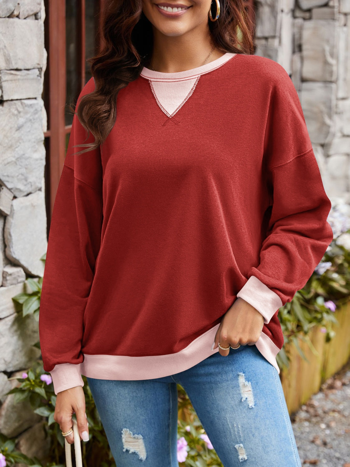 Lovelet Contrast Round Neck Long Sleeve Sweatshirt - EkaVibe