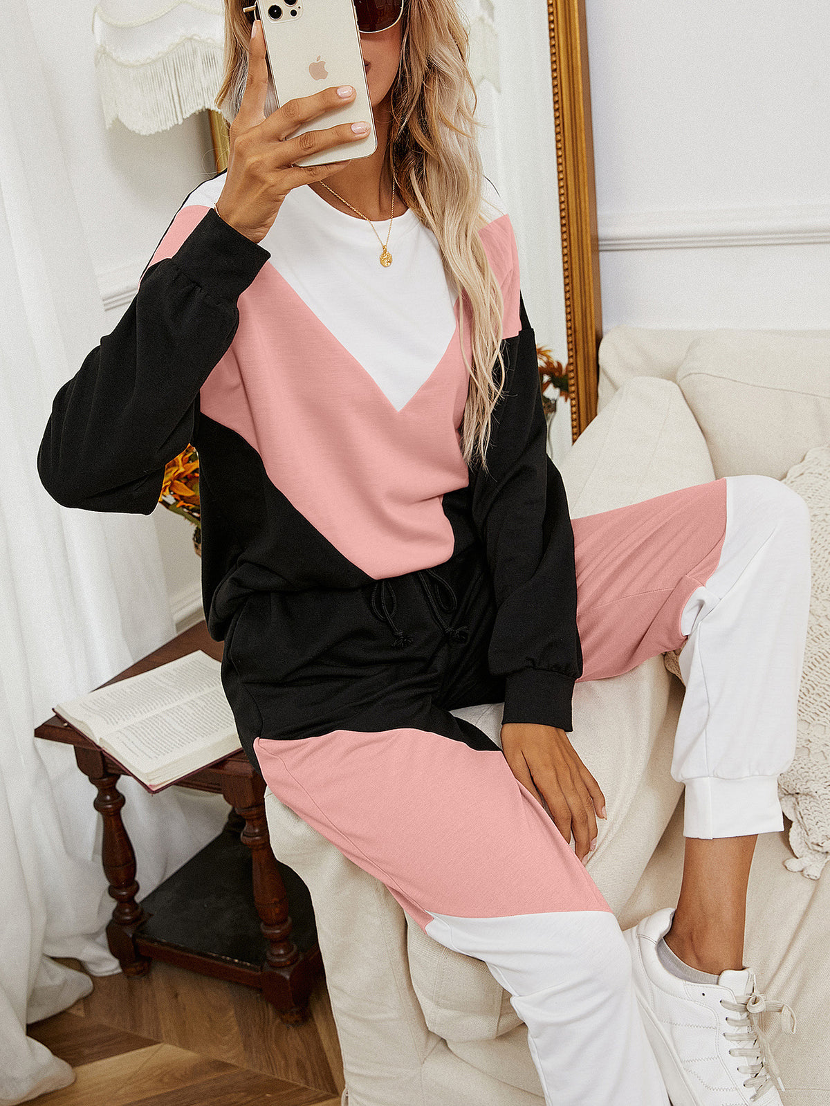 Ivy Lane Chevron Color Block Sweatshirt and Joggers Set - EkaVibe