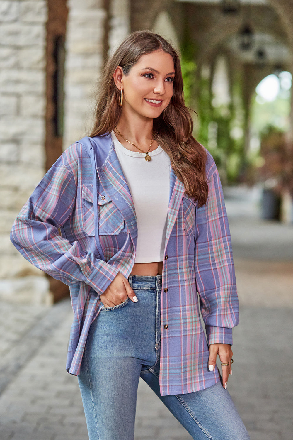 Mandy Plaid Long Sleeve Hooded Jacket - EkaVibe