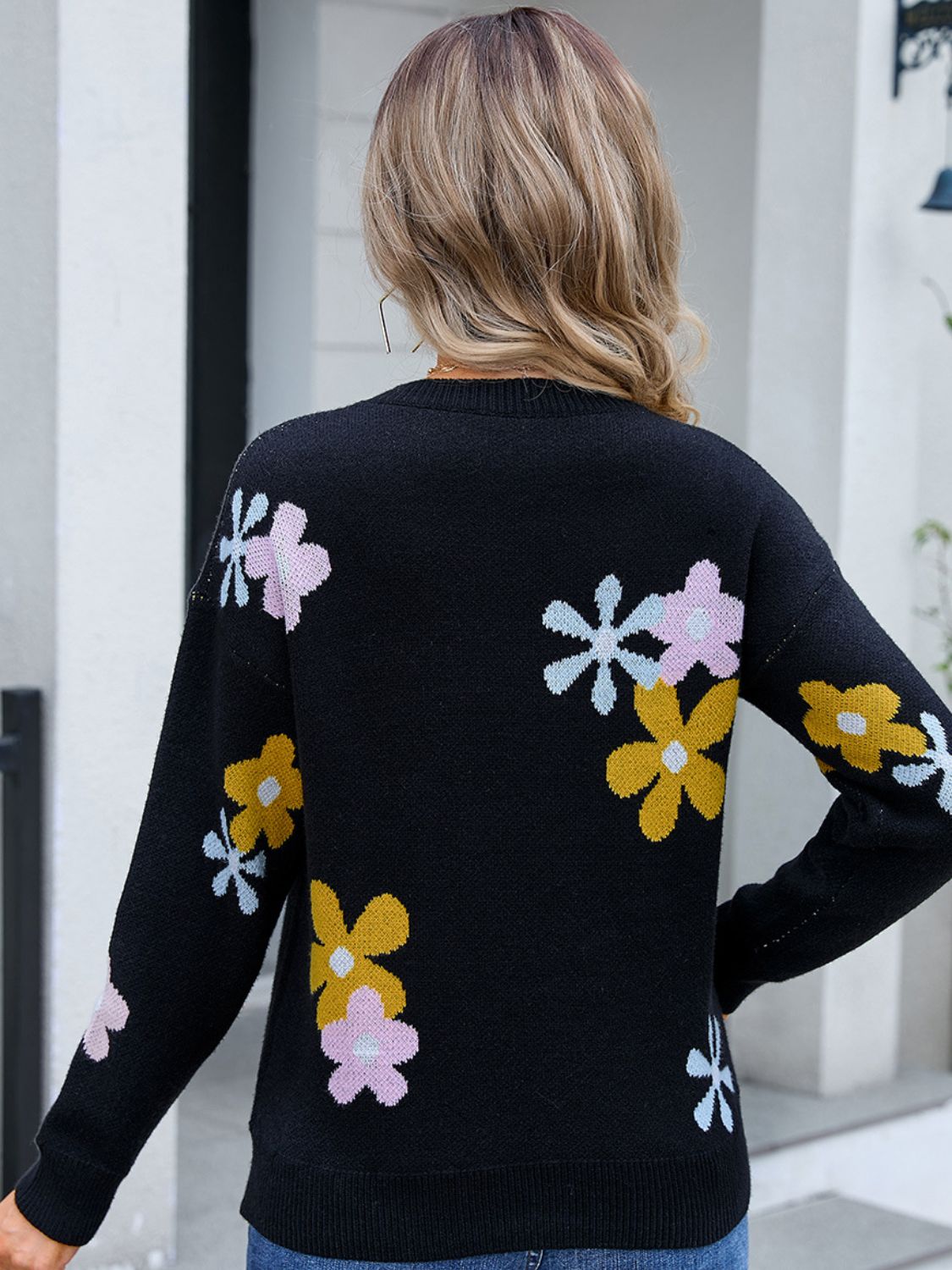 Angel Wings Flower Round Neck Dropped Shoulder Sweater - EkaVibe