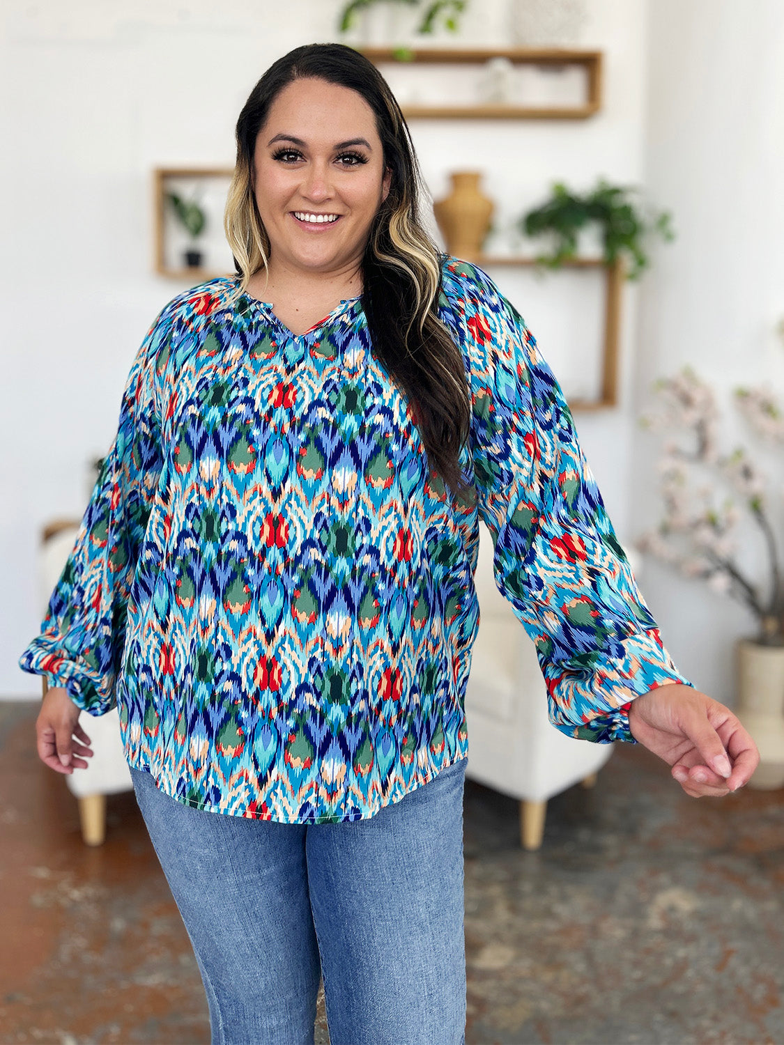 Double Take Full Size Printed Balloon Sleeve Blouse - EkaVibe