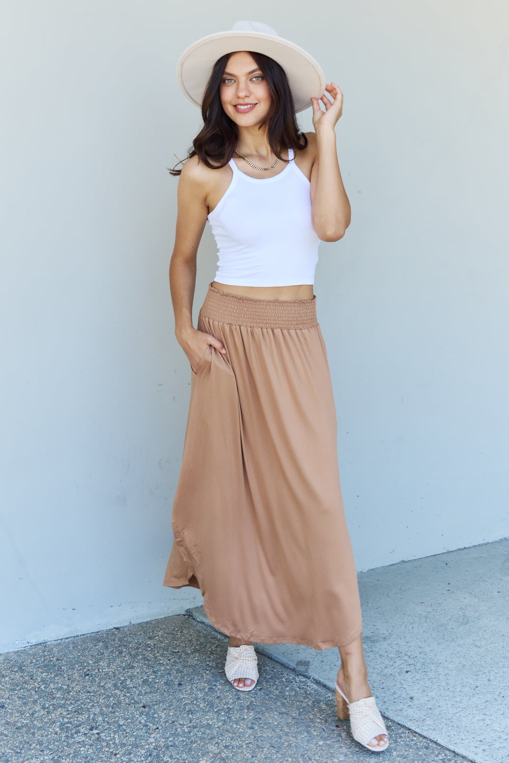 Doublju Comfort Princess Full Size High Waist Scoop Hem Maxi Skirt in Tan - EkaVibe