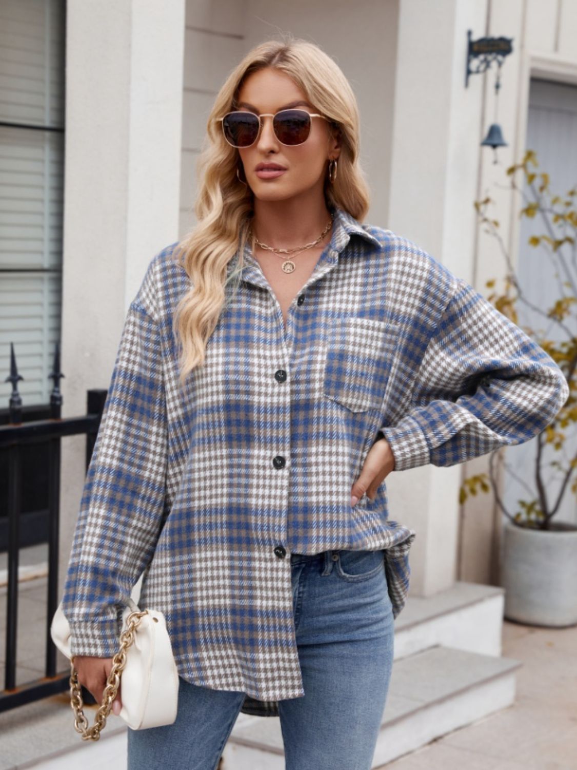 Mandy Pocketed Plaid Collared Neck Long Sleeve Shirt - EkaVibe