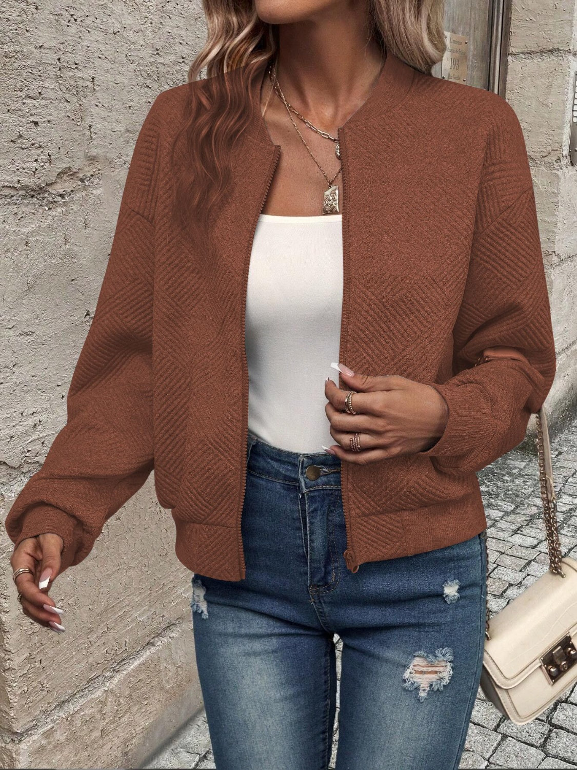 Textured Zip Up Long Sleeve Jacket - EkaVibe