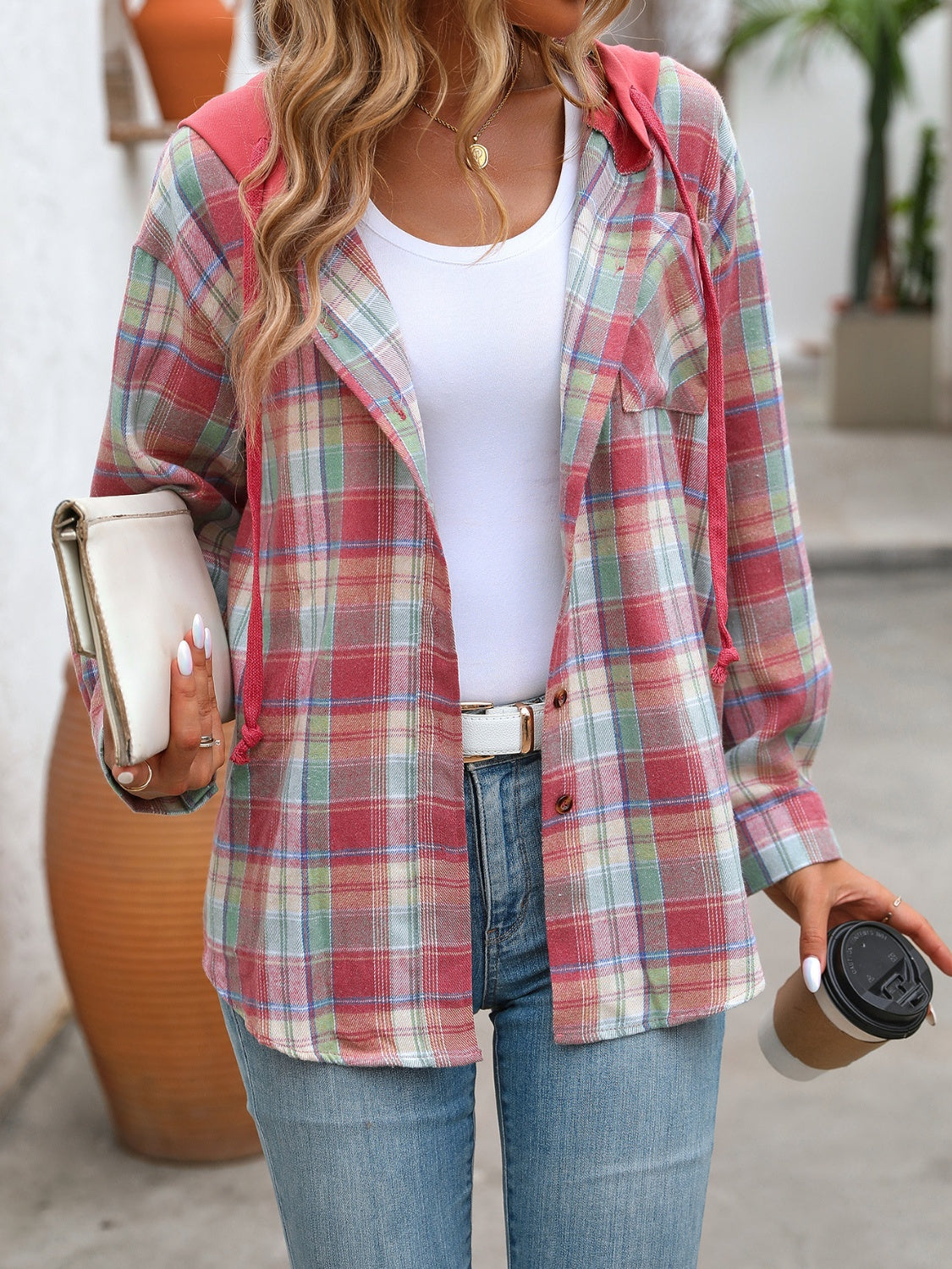 Plaid Long Sleeve Hooded Jacket - EkaVibe