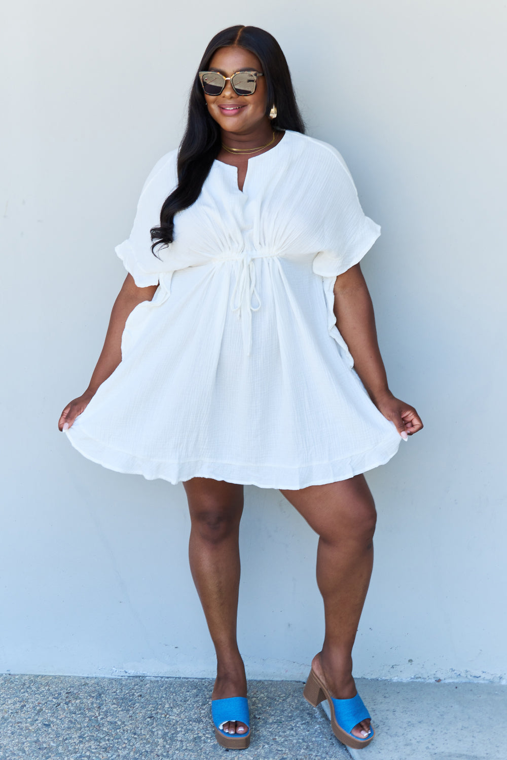 Ninexis Out Of Time Full Size Ruffle Hem Dress with Drawstring Waistband in White - EkaVibe