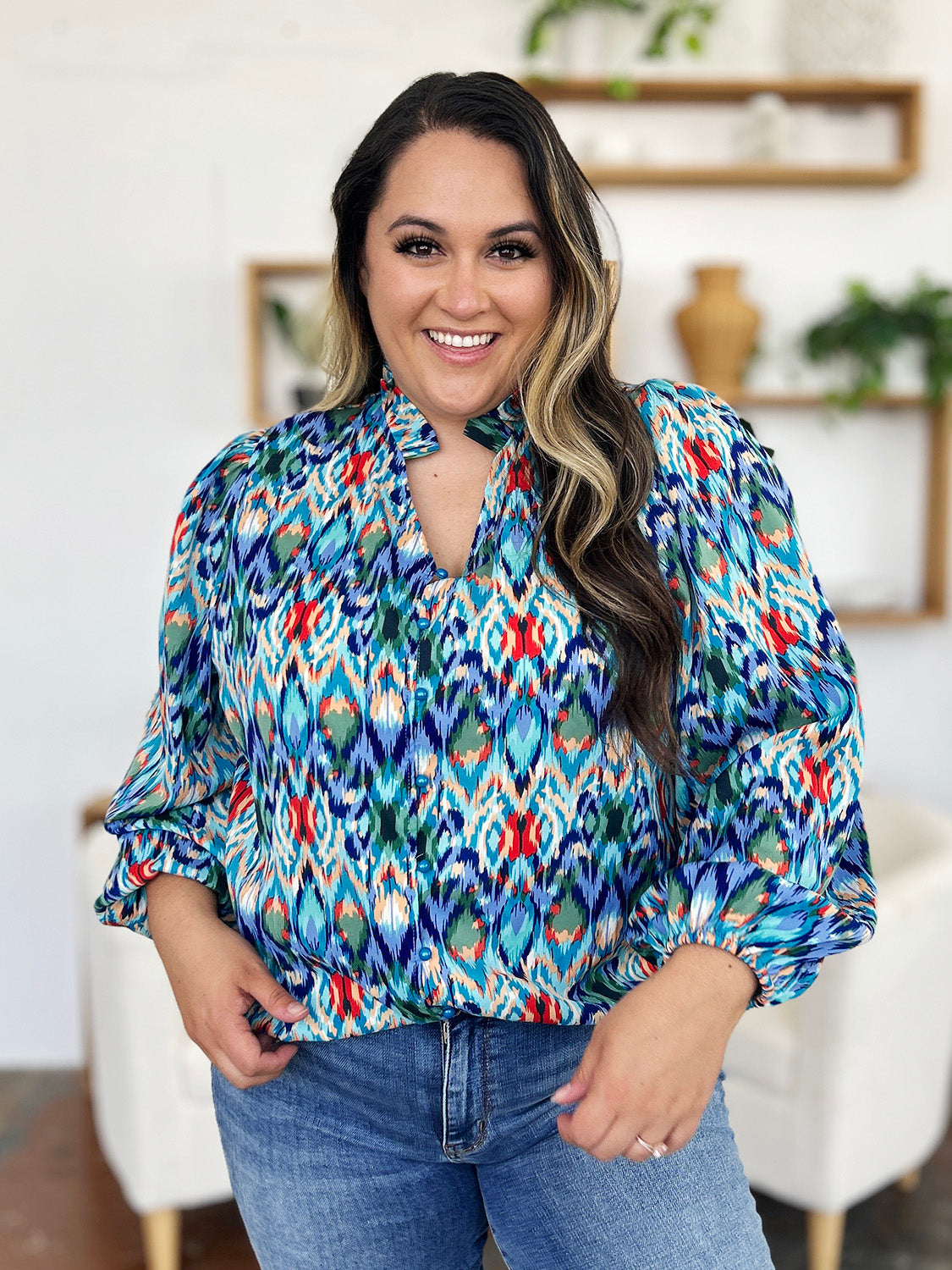 Double Take Full Size Printed Balloon Sleeve Blouse - EkaVibe