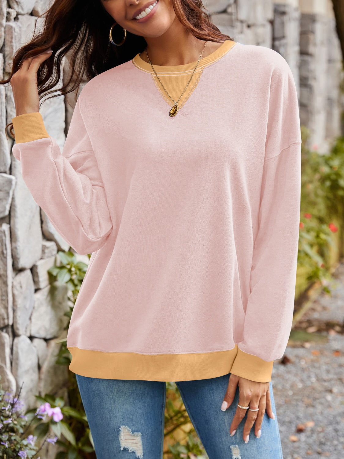 Lovelet Contrast Round Neck Long Sleeve Sweatshirt - EkaVibe