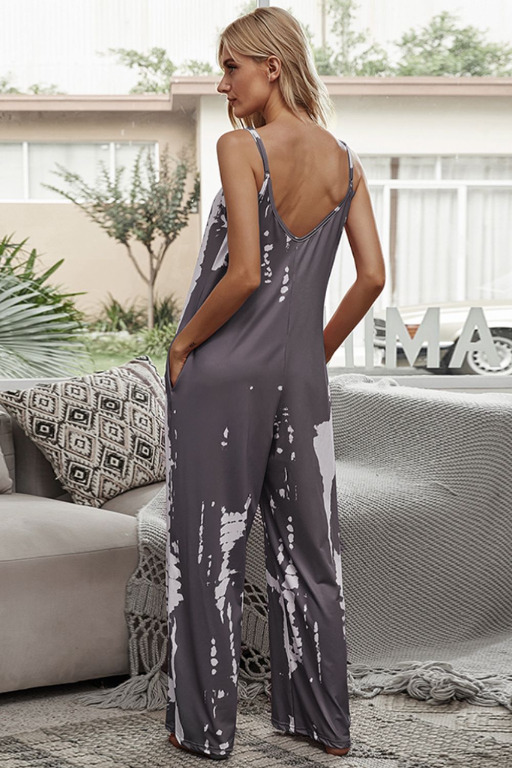 Shiny Tie-Dye Spaghetti Strap Jumpsuit with Pockets - EkaVibe