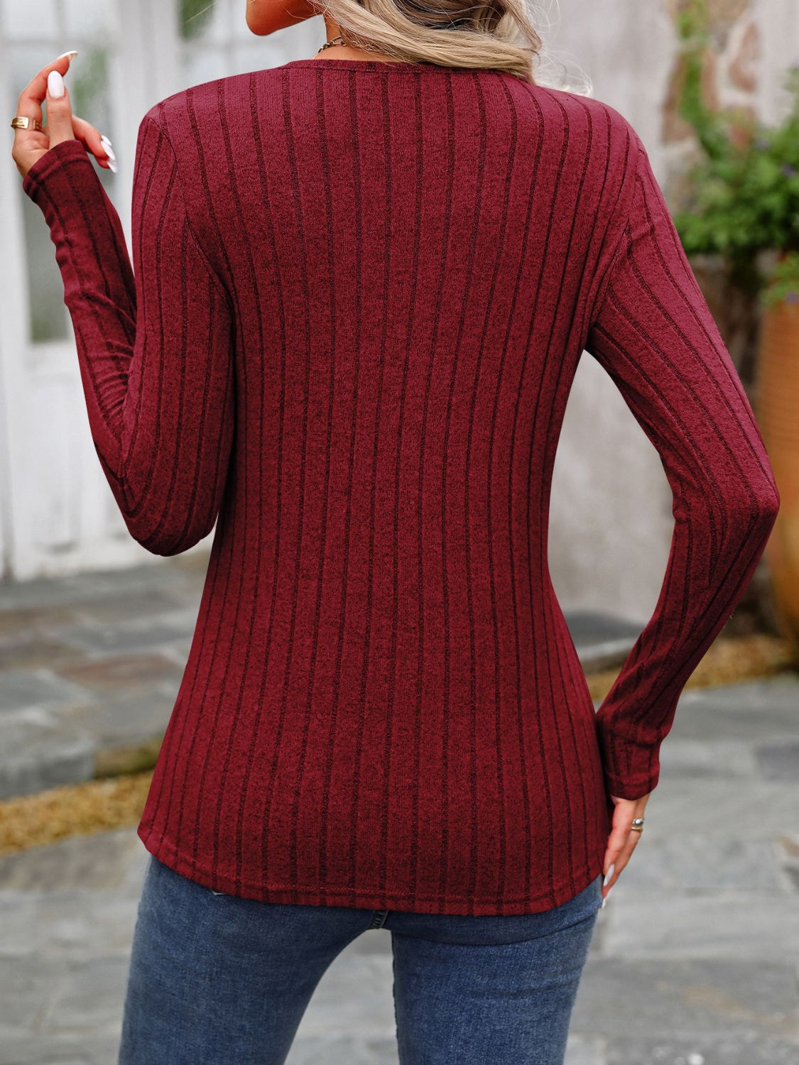 Decorative Button Round Neck Long Sleeve T-Shirt - EkaVibe