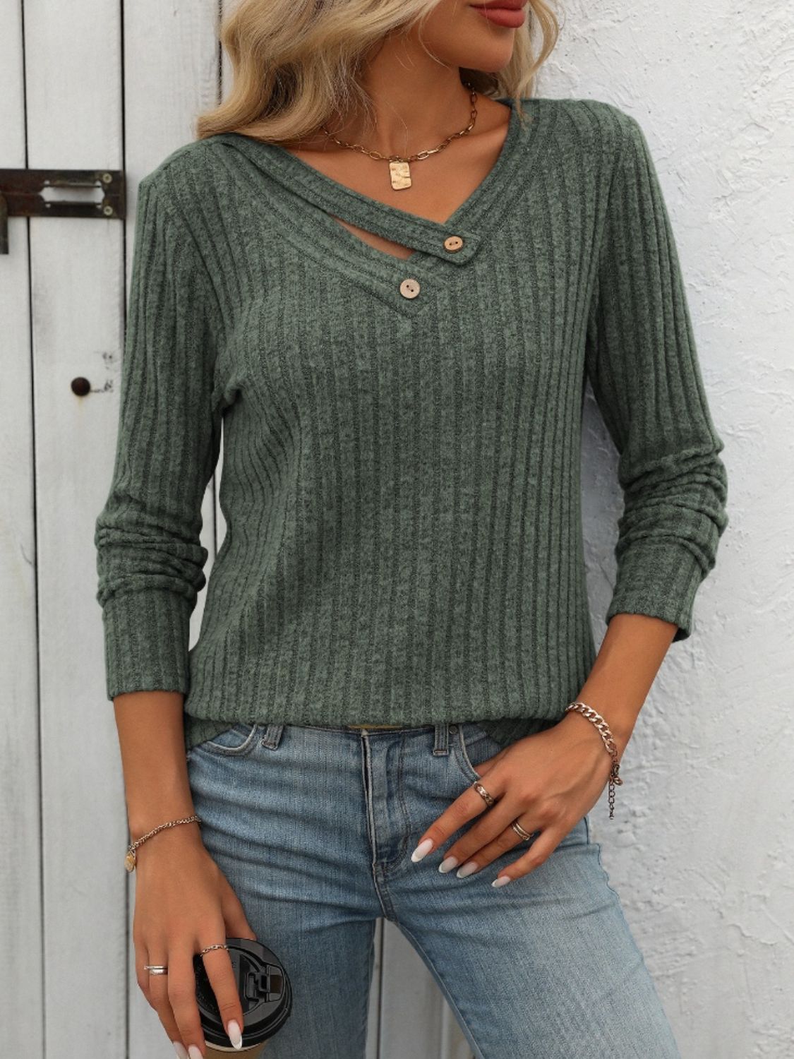 Mandy Ribbed V-Neck Long Sleeve T-Shirt - EkaVibe