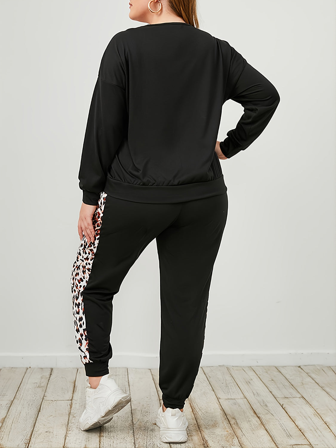 Plus Size Leopard Sweatshirt and Sweatpants Set - EkaVibe