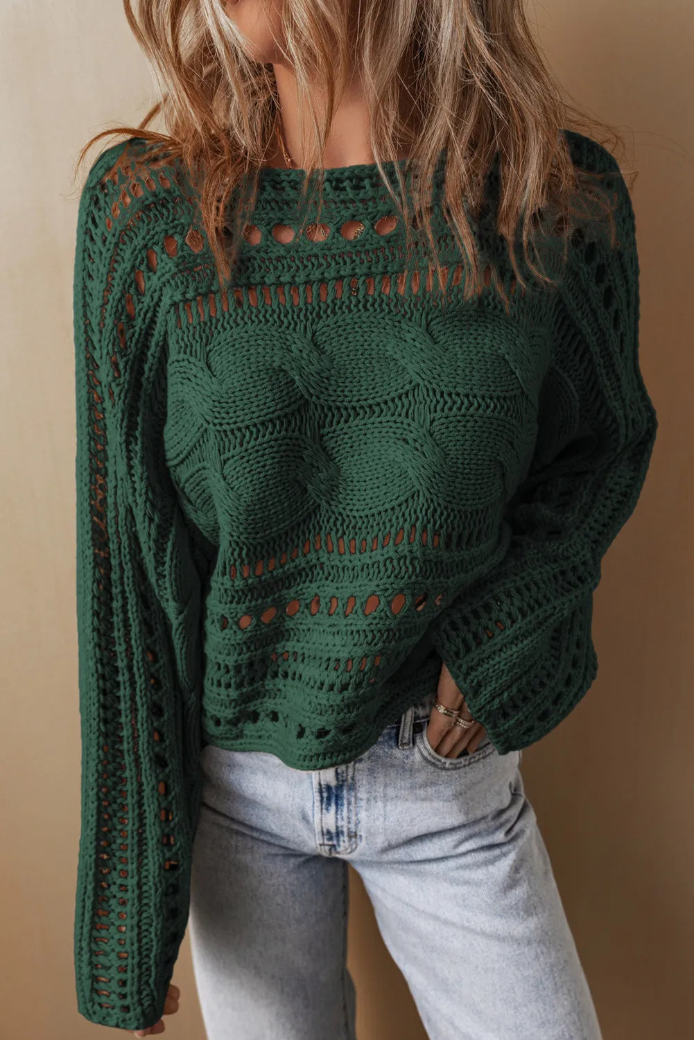 Cable-Knit Openwork Long Sleeve Sweater - EkaVibe