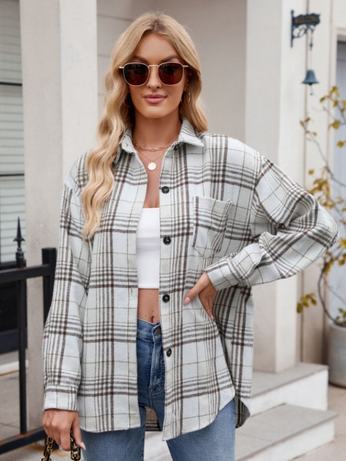 Mandy Pocketed Plaid Collared Neck Long Sleeve Shirt - EkaVibe