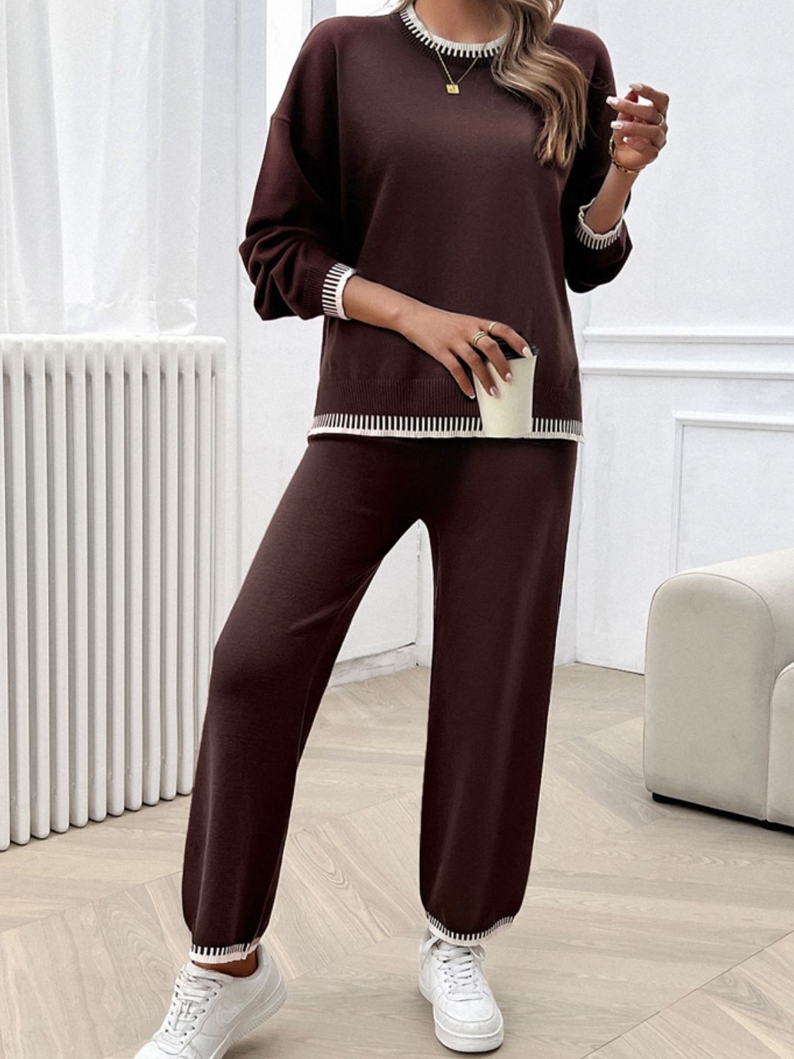 Devine Round Neck Dropped Shoulder Top and Pants Sweater Set - EkaVibe