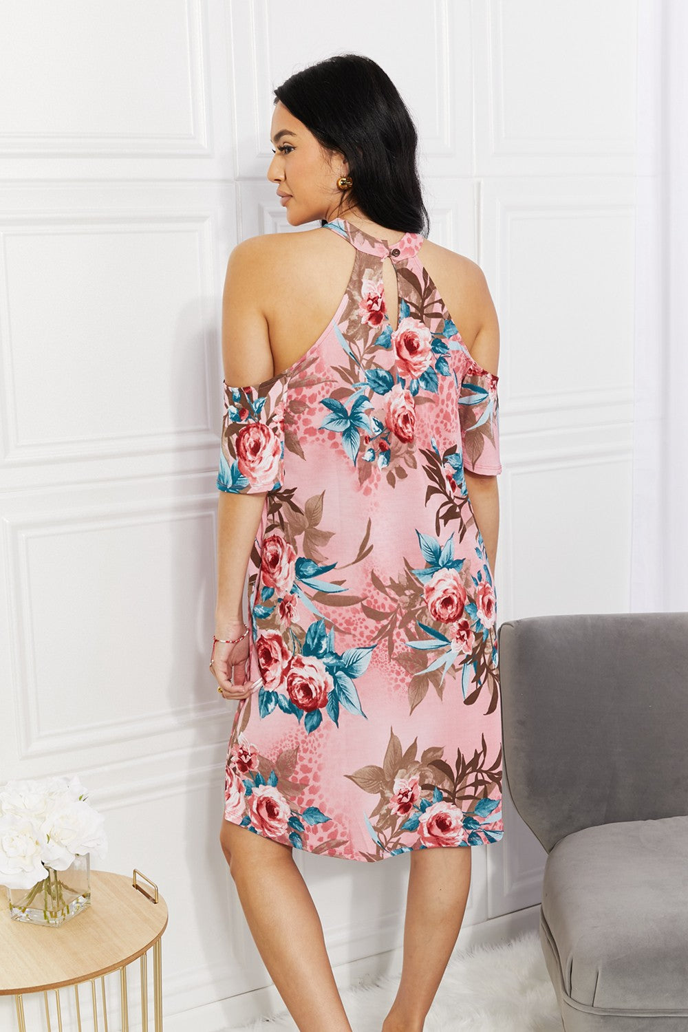 Sew In Love Full Size Fresh-Cut Flowers Cold-Shoulder Dress - EkaVibe