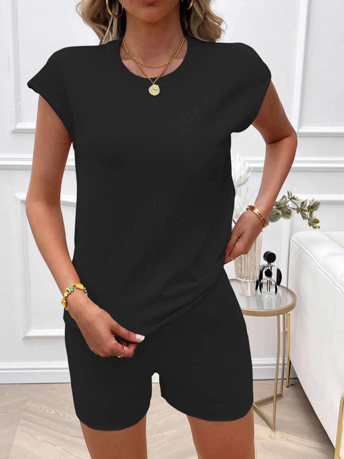 Devine Round Neck Cap Sleeve Top and Shorts Sweater Set - EkaVibe