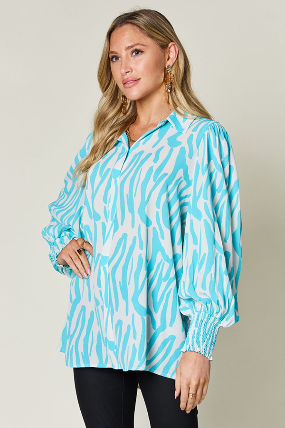 Double Take Full Size Printed Smocked Long Sleeve Blouse - EkaVibe