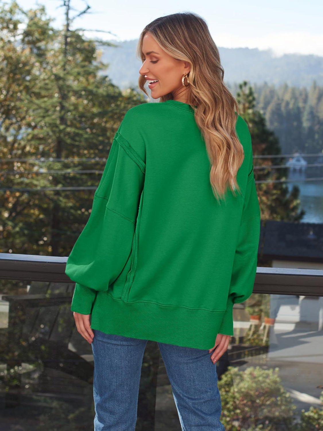 Slit Round Neck Long Sleeve Sweatshirt - EkaVibe