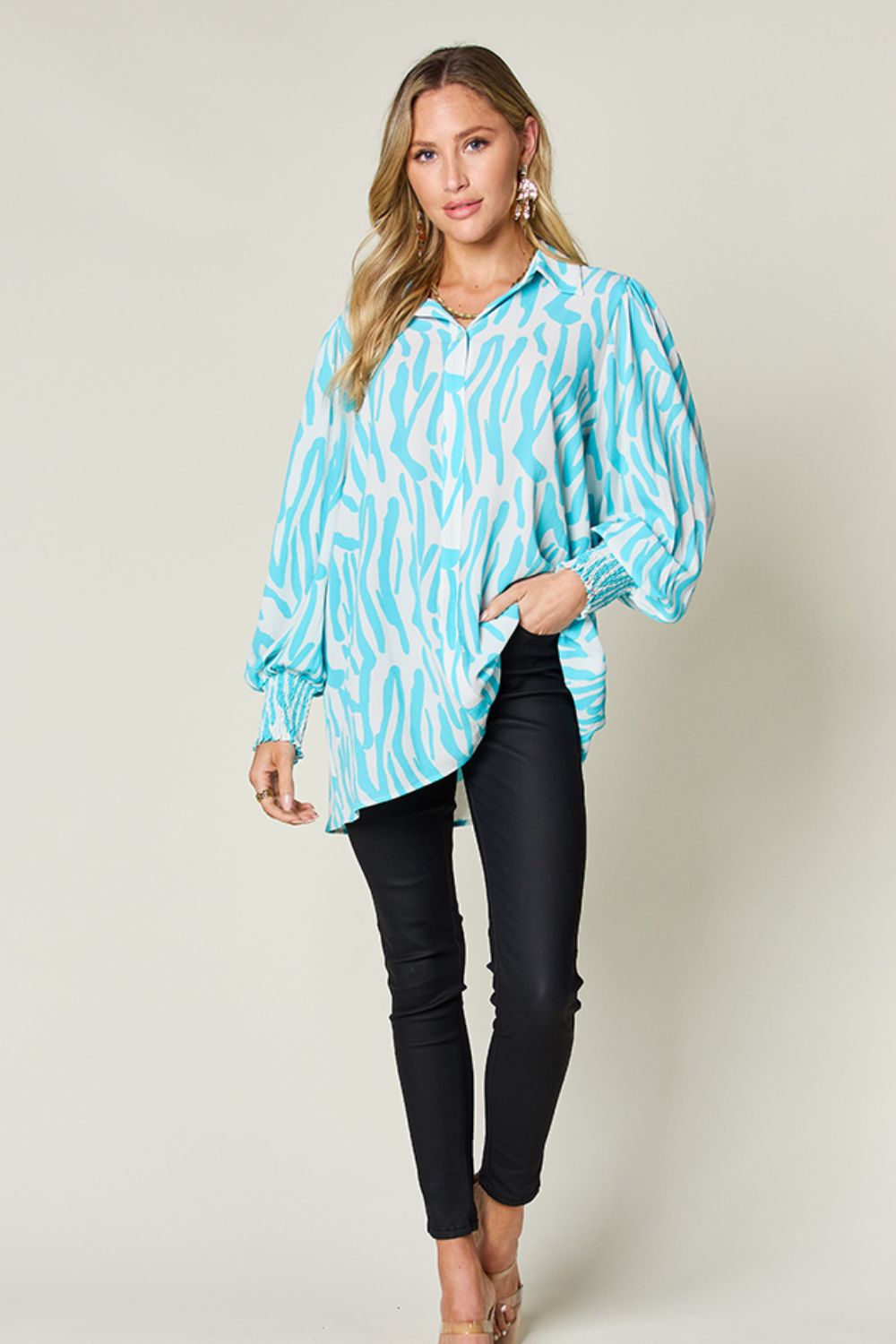 Double Take Full Size Printed Smocked Long Sleeve Blouse - EkaVibe