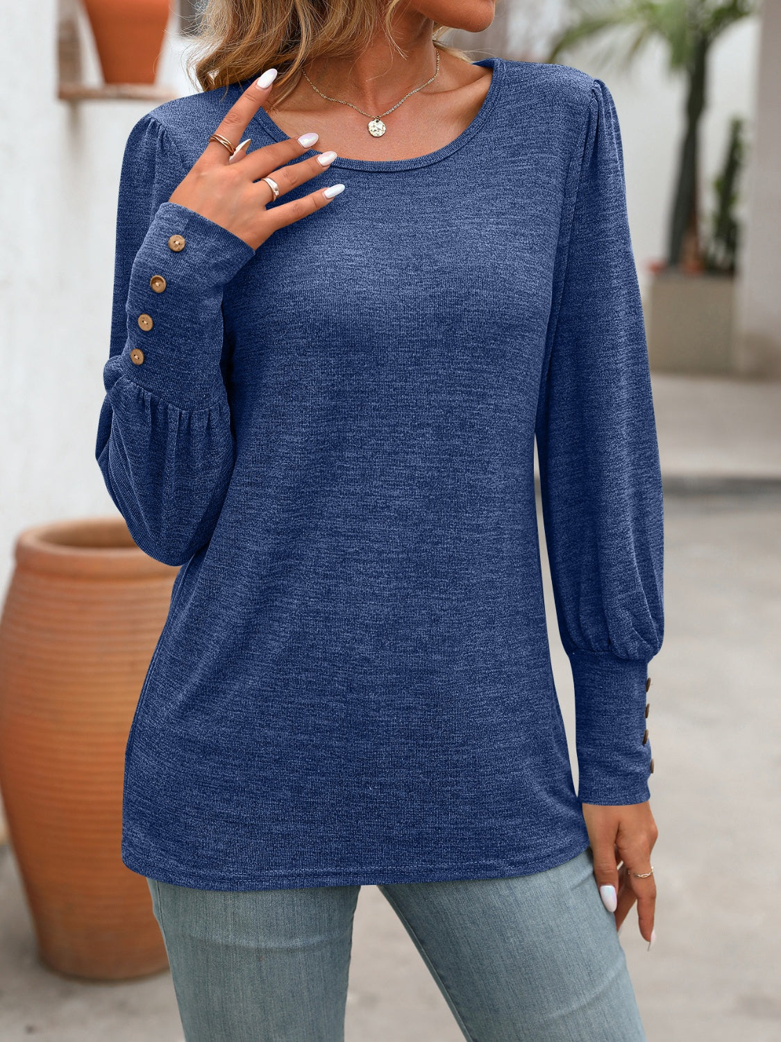 Decorative Button Round Neck Long Sleeve T-Shirt - EkaVibe